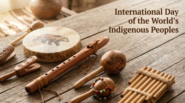 Woodland ethnic musical instruments with decorated bear hand drum for International Day of the World's Indigenous Peoples