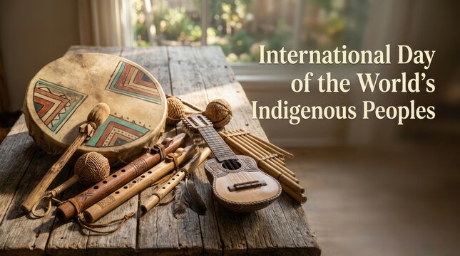 Ethnic acoustic instruments with shadow overlay on wooden boards for International Day of the World's Indigenous Peoples
