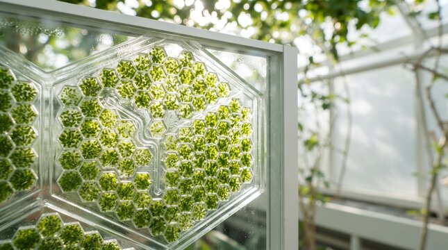 Sustainable algae bioreactor panel growing green microalgae for biotechnology research.
