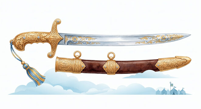 Souvenir Cossack saber with gold engraving and blue-and-yellow tassel, Ukrainian historical weapon, patriotic clipart isolated on white background