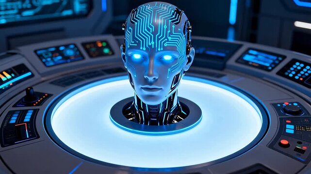 Futuristic AI head on control panel