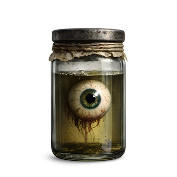 Creepy human eyeball preserved in a glass jar