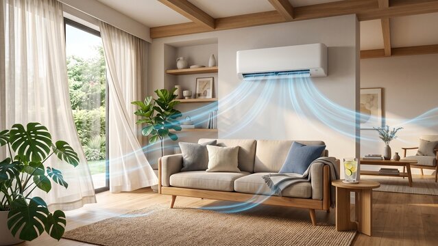 Modern Living Room with Air Conditioner Cooling the Space.