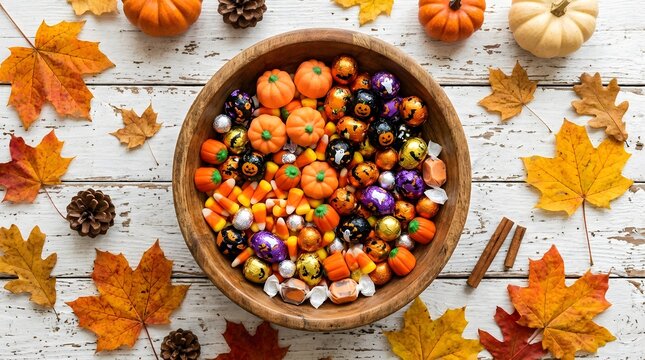 Halloween candy in a wooden bowl with autumn leaves