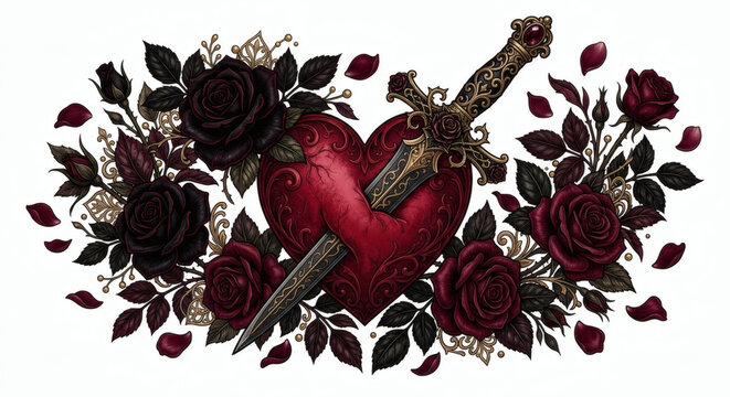 Gothic heart pierced by a dagger surrounded by dark red and black roses