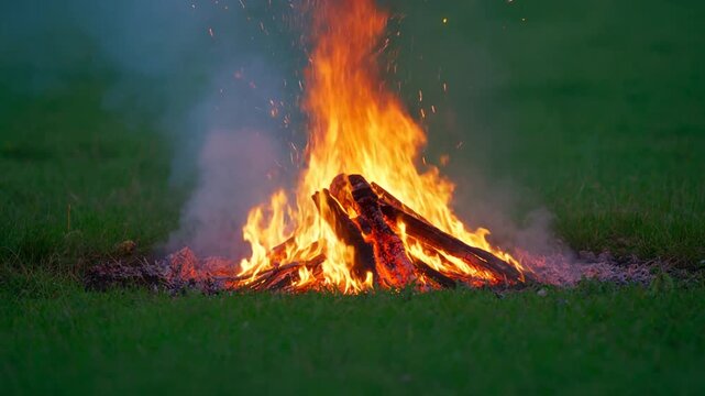 Slow motion bonfire burning in a grassy field