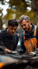Fototapeta premium Mechanics collaborate on a complex engine repair while wearing durable work overalls in a professional automotive service workshop.