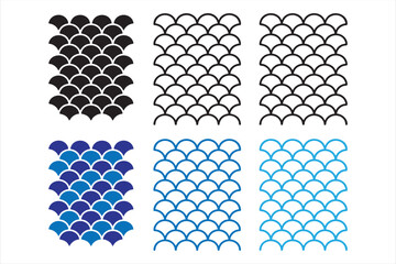 Fish scales texture set in black and blue, featuring solid and outline patterns on transparent background. © Tanjir Ahmed