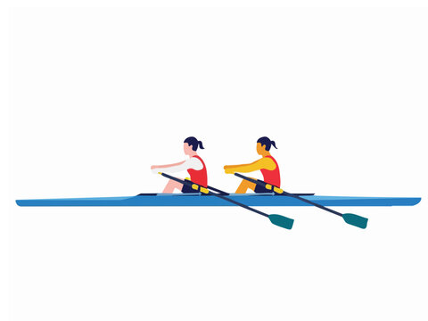 Two Women Rowing a Sculling Boat Professional Team Scullers Rowers Illustration Isolated on White