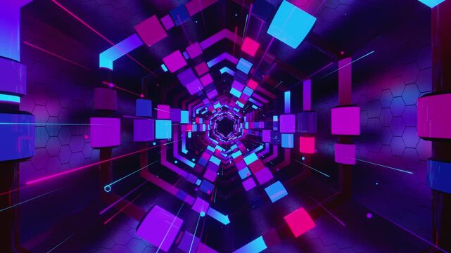 Hypnotic seamless loop of a futuristic hexagonal tunnel. Abstract digital vortex made of glowing block structures and honeycomb grid patterns, creating deep perspective background for VJ screens.