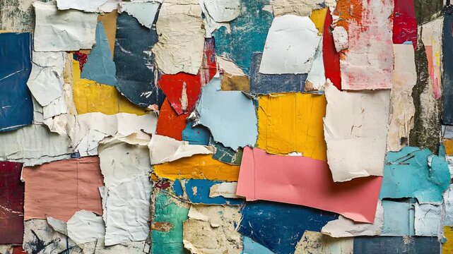 Time lapse old colorful posters texture ripped of old, Old colorful posters ripped torn crumpled paper. Wall backdrop placard texture.
Vintage random poster ripped torn crumpled paper