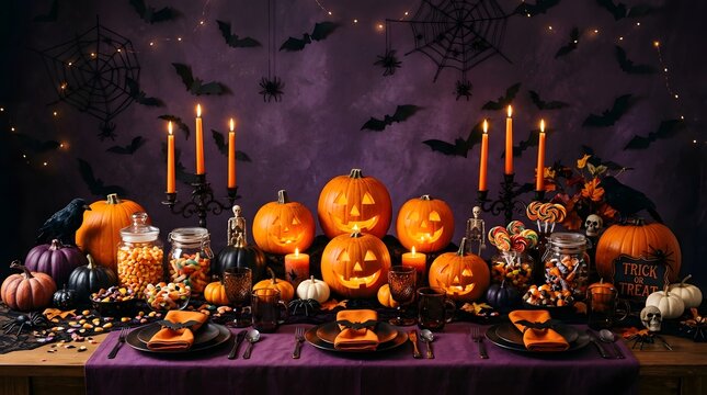 Elaborate halloween dinner party table setting with pumpkins and bats