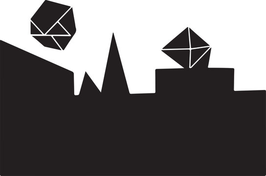 Minimalist black geometric shapes on white background with 3D polyhedrons and city skyline, Generative Ai