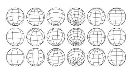 Set of wireframe globes with latitude and longitude lines