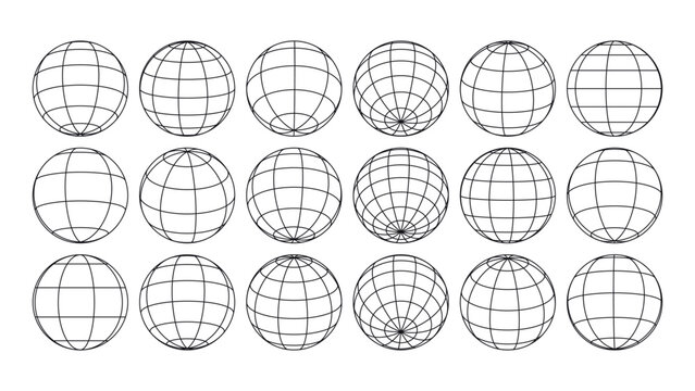 Set of wireframe globes with latitude and longitude lines