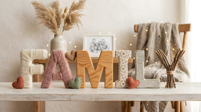 A cozy home decor setup spells out the word "FAMILY" using diverse textured block letters on a rustic wooden table.