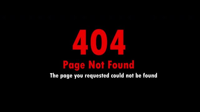 Red 404 Page Not Found error message isolated on black background for web interface animation