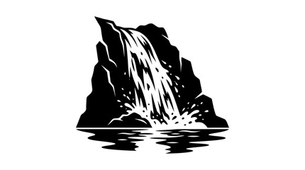 Black and white vector illustration of a waterfall cascading down rocks into water © gedang