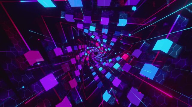 seamless loop of a futuristic geometric tunnel. Abstract digital vortex made of twisting cube structures, glowing lines and honeycomb grid patterns, creating deep perspective for VJ screens