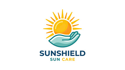 Naklejka premium Sunshield Sun Care Logo: Hand Protecting Sun, Summer Protection, Skincare Brand