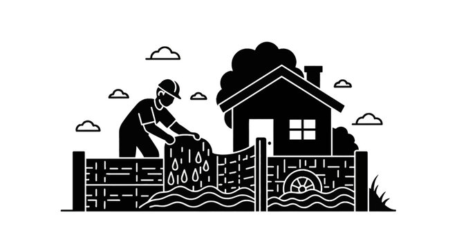 Black and white vector icon of a worker installing a flood gate barrier to protect a house from rising water and flooding, featuring a person, fence, and residential home.