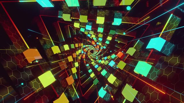 seamless loop of a futuristic geometric tunnel. Abstract digital vortex made of twisting cube structures, glowing lines and honeycomb grid patterns, creating deep perspective for VJ screens