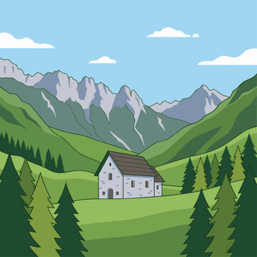 Theth Albanian Alps church flat vector illustration
