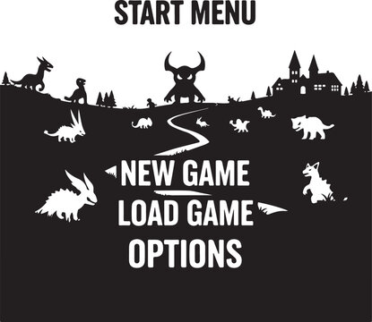 Retro Video Game Start Menu Screen with Fantasy Landscape and Mythical Creatures, Generative Ai