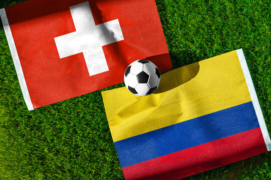 Switzerland vs Colombia, Round of 16, national flags before international football match, football on green grass with stadium in the background, BC Place, Vancouver, Canada, July 7, 2026