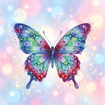 Colorful butterfly with heart pattern on wings in bokeh background