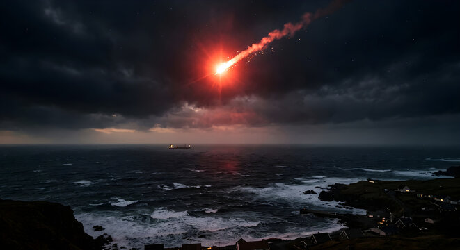 A bright red meteor streaks across the dark night sky directly over a vast, wavy ocean