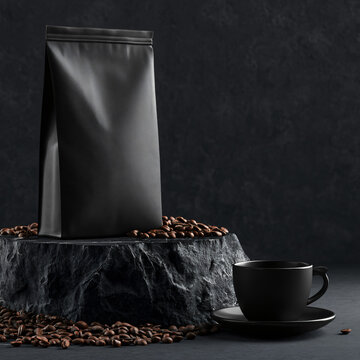 Blank matte black coffee bag standing on natural obsidian stone pedestal, roasted coffee beans scattered naturally, black ceramic coffee cup, deep charcoal background