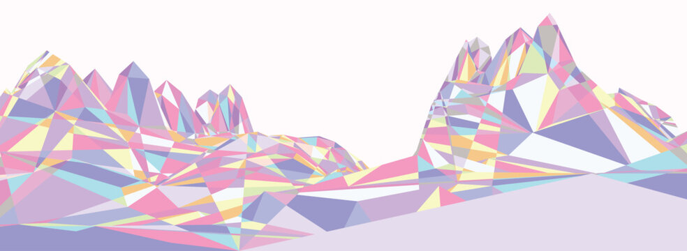 Colorfull mountains in low poly style. Polygonal iridescent pastel mountain ridges. Vector landscape background