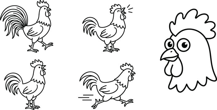 Rooster and chicken line icon set for poultry farm agriculture livestock bird mascot character logo design