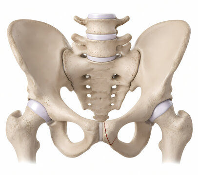Human pelvic skeleton with detailed bone fracture medical illustration
