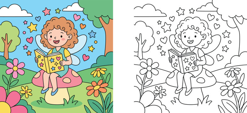 Cute fairy girl reading book sitting on mushroom coloring book page vector illustration, fairy tale educational activity worksheet for kids with colored template