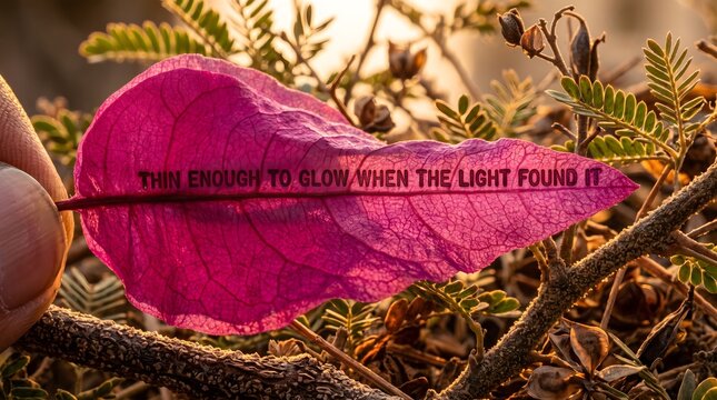 A translucent pink leaf held against sunset rays inscribed with 'thin enough to glow when the light found it', symbolizing how vulnerability allows our inner light to shine through.