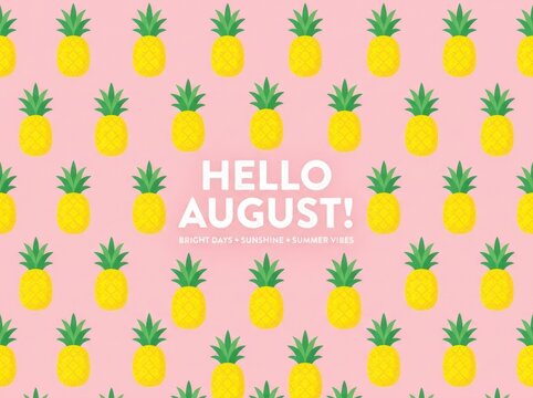 Pineapple pattern with Hello August text during bright summer days for cheerful tropical celebration
