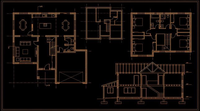 Structural Architecture CAD Blueprint House Floor Plans Top View and Front View Vector Set Detailed AutoCAD Technical Drawing