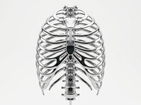 Polished chrome rib cage isolated on white background with clean studio lighting and a conceptual representation of health