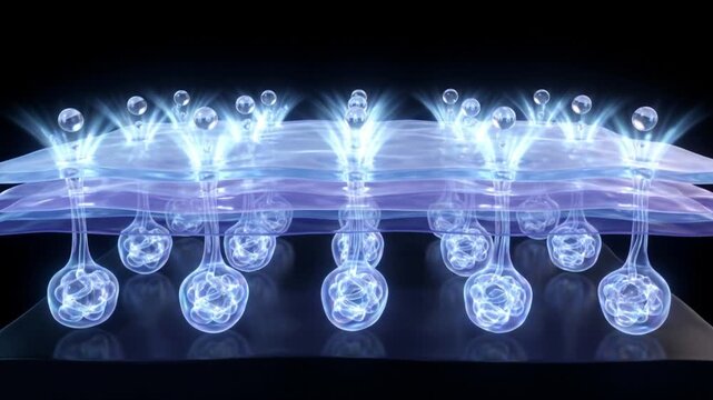皮膚組織内の複数のエクリン腺から青く発光する汗が同期して分泌されるメカニズムの高精細CG映像