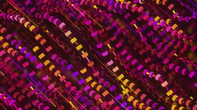 Futuristic abstract background with glowing geometric arrows. Seamless VJ loop of a complex digital grid with chevron structures and network connections, creative motion texture for stage displays