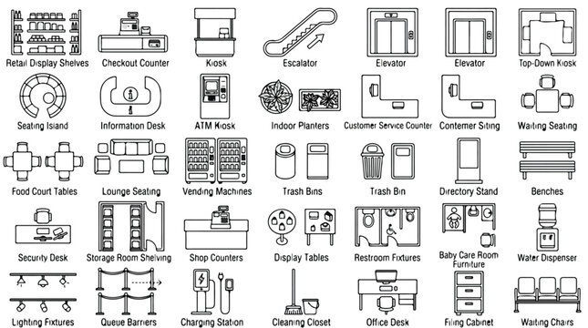 Shopping mall floor plan icons, 28 retail interior design symbols, commercial building map elements, architectural line art vector set