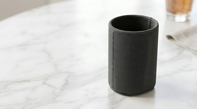 Empty black neoprene beverage cooler sleeve sitting on a white marble kitchen table. koozie mockup