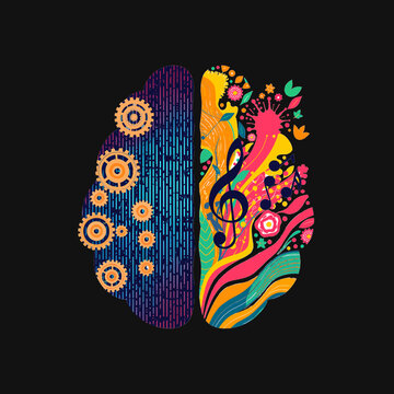 Human brain split with logical gears and creative artistic elements