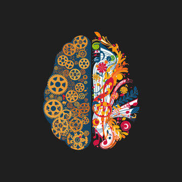 Human brain split between logical gears and creative floral art