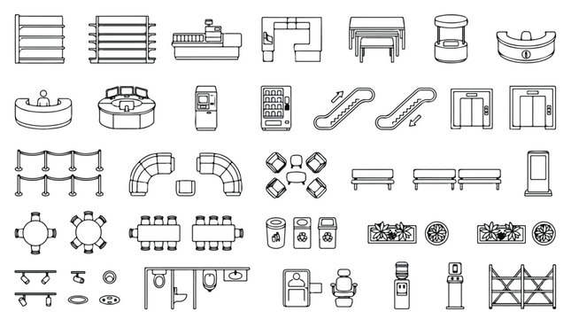 Minimalist shopping mall floor plan icons, commercial interior furniture vector set, retail store architectural symbols for wayfinding and maps