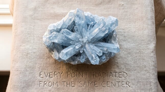 A radiating blue celestite crystal on linen fabric with the inscription 'Every point radiated from the same center,' symbolizing unity, spiritual focus, and the shared source of all life.