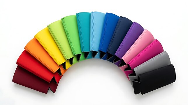 Set of colorful foam drink coolie sleeves arranged in a rainbow arc. koozie mockup