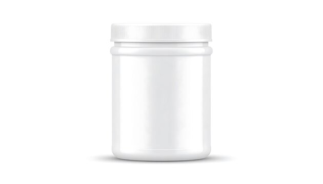 A cylindrical, white plastic container with a screw-on lid, standing upright. The smooth surface reflects light